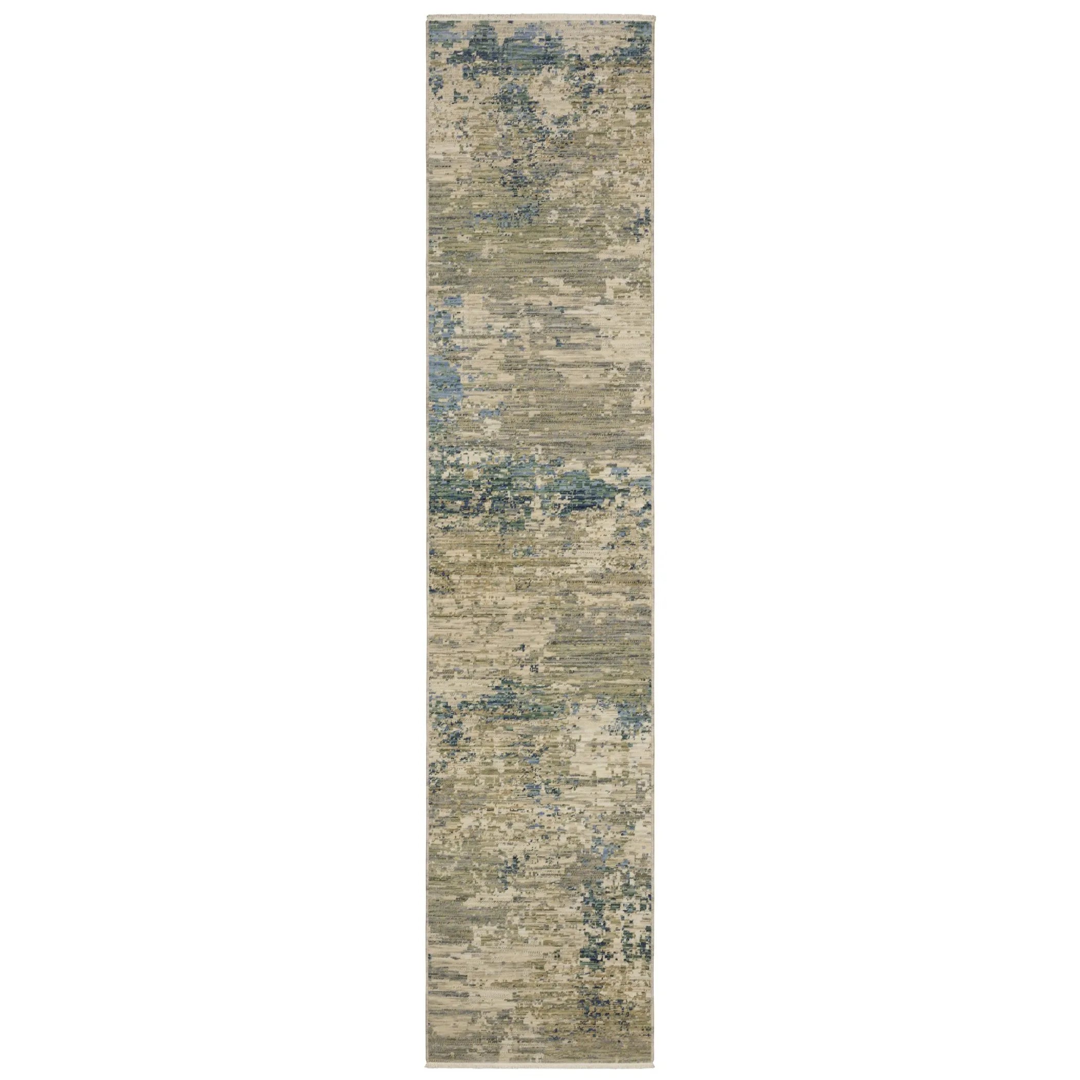 12' Beige And Blue Abstract Runner Rug With Fringe